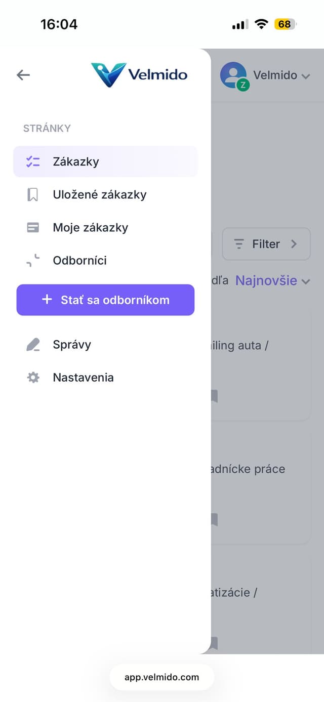 Menu Velmido s tlačidlom Stať sa odborníkom