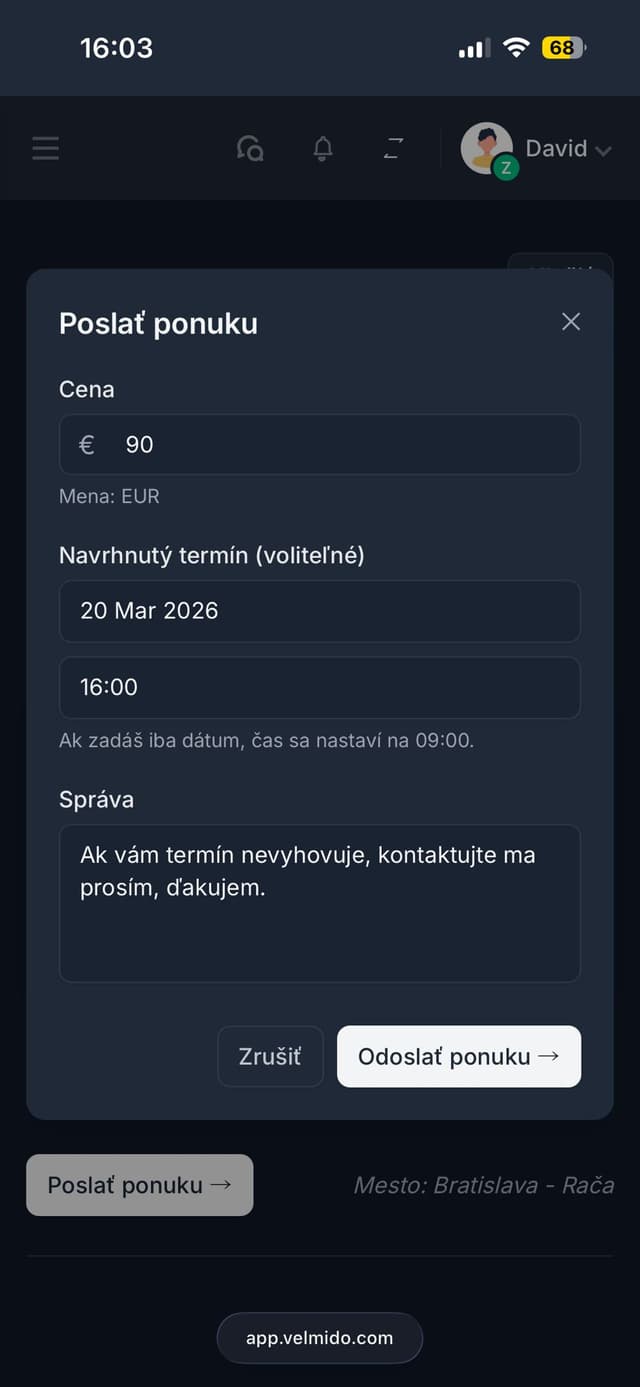 Formulár na odoslanie ponuky vo Velmido