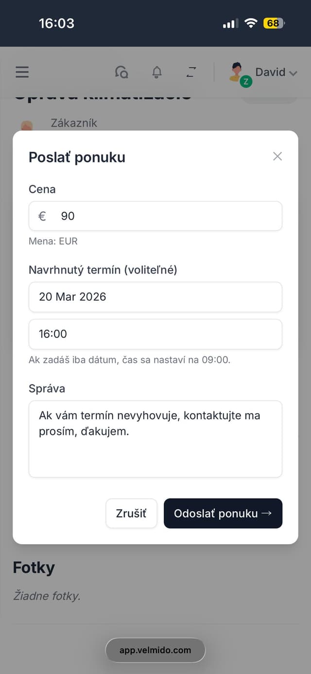 Formulár na odoslanie ponuky vo Velmido