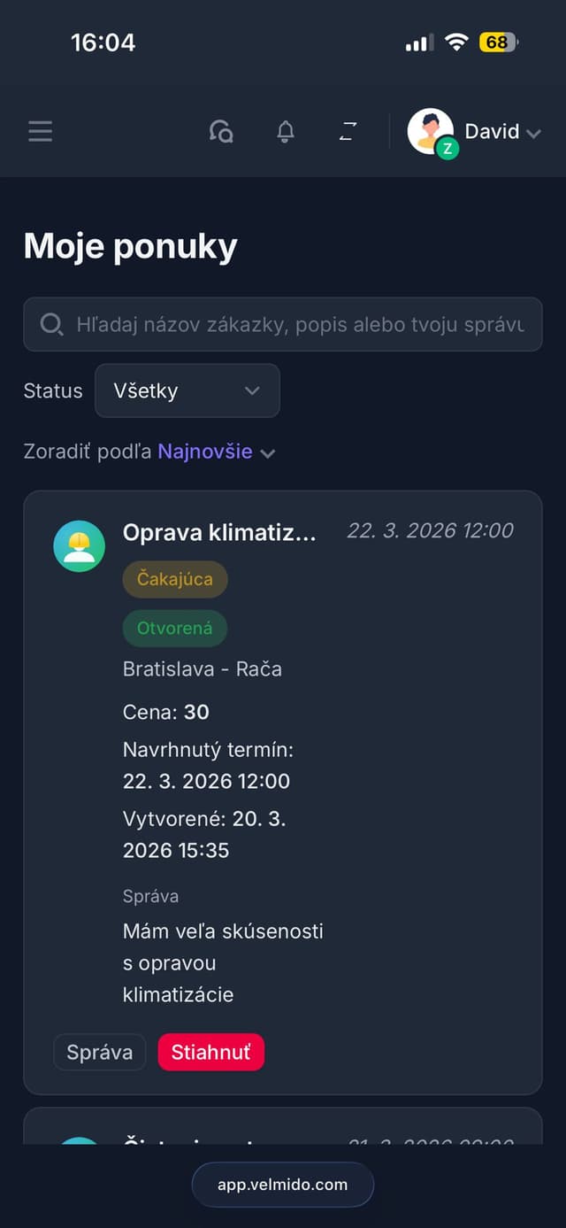 Sekcia Moje ponuky vo Velmido