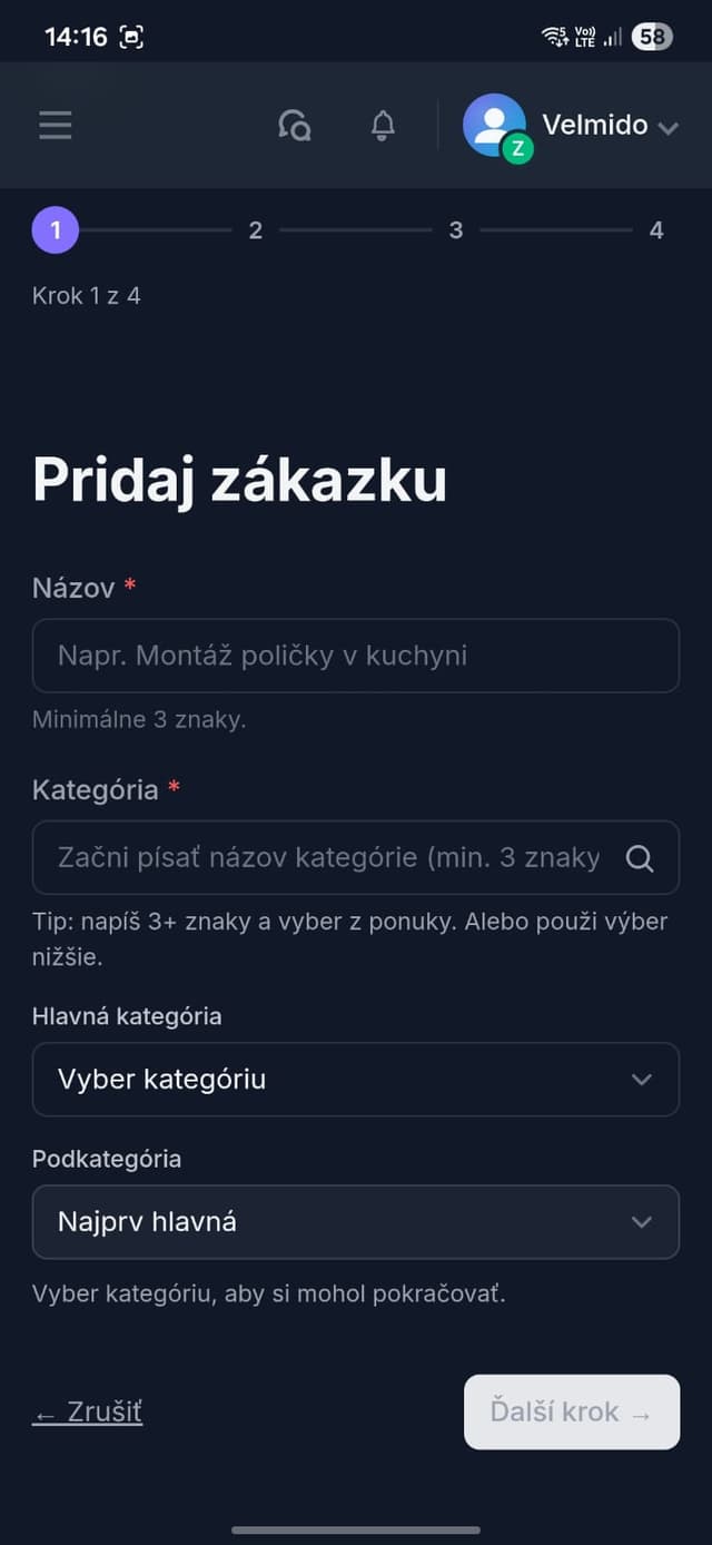 Prvý krok formulára zákazky – názov a kategória