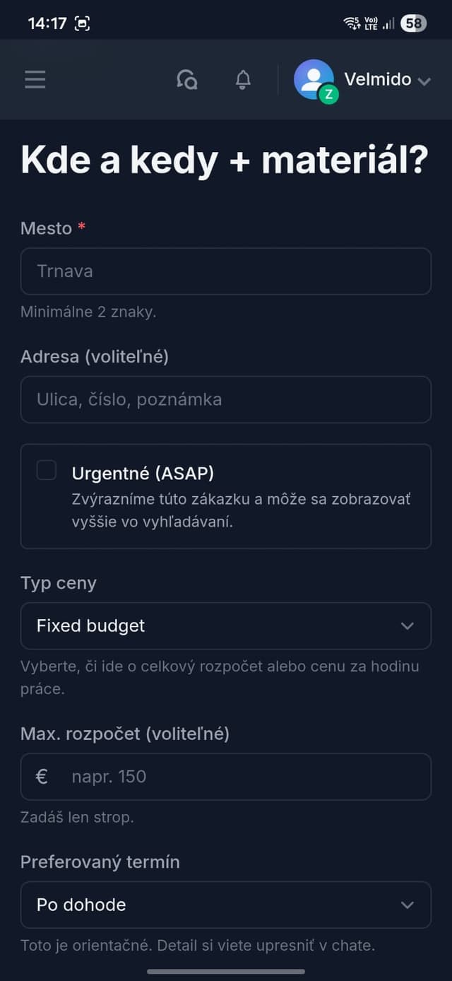 Druhý krok formulára zákazky – miesto, cena a termín